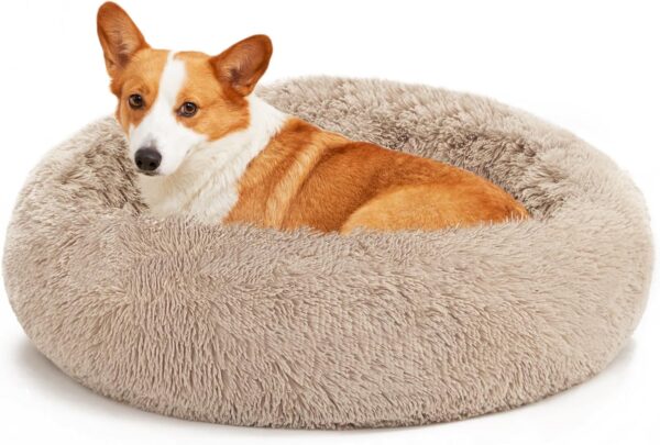 Love\'s cabin Calming Dog & Cat Bed, Cat Bed for Indoor Cats,Anti-Anxiety Donut Round Dog Bed,Fluffy Faux Fur Washable Bed for Small Medium Pet,Beige,Taupe,30
