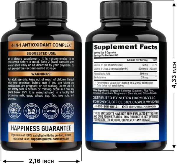 Alpha Lipoic Acid 600mg - ALA Supplement Antioxidant for Nerve, Energy & Metabolism Support - Extra Strength with Benfotiamine, Vitamins B1 & B12 - Lab Tested, NON-GMO & Vegan - 120 Capsules, 2 Month - Image 2