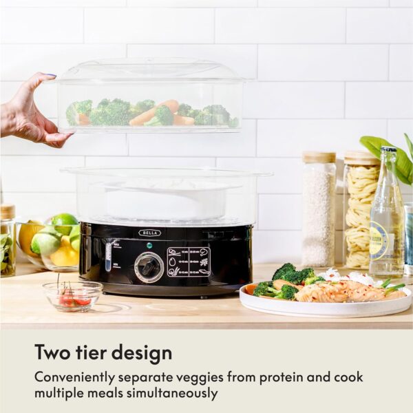 BELLA Two Tier Food Steamer with Dishwasher Safe Lids and Stackable Baskets & Removable Base for Fast Simultaneous Cooking - Auto Shutoff & Boil Dry Protection, Stainless Steel, 7.4 QT, Black - Image 3