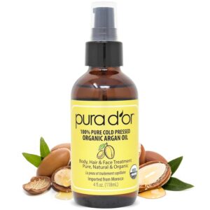 PURA D\'OR 4 Oz ORGANIC Moroccan Argan Oil - USDA Certified 100% Pure & Cold Pressed Virgin Premium Grade Natural Moisturizer Treatment For Dry, Damaged Skin, Hair, Face, Body & Scalp - Men & Women