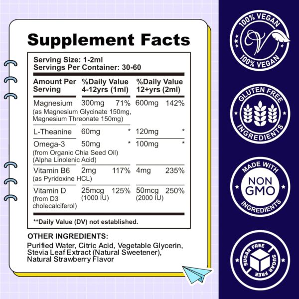 Kids Magnesium Liquid Drops-Magnesium Glycinate Liquid for Kids, L-Threonate Supplement-w/L-theanine, Omega-3, Vitamin B6, D3 - for Sleep, Relaxation, Brain, Bones - 2 Fl Oz Children\'s Magnesium Calm - Image 4
