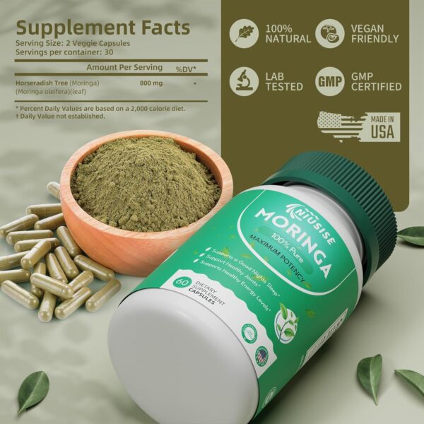 Moringa Powder Capsules, Organic Supplement 800mg Green Superfood from Moringa Leaf, Super Supplement Supports for Energy, Gut & Skin Health, Essential Vitamins, Vegan - 60 Capsules - Image 2