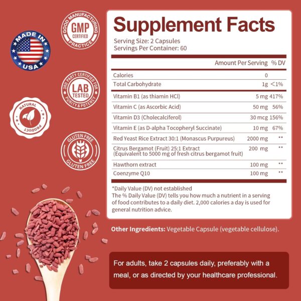 Red Yeast Rice 2,000mg with CoQ10 Supplement - Max Strength Extract Red Yeast Rice Capsules with CoQ10 100 Plus Citrus Bergamot - Cholesterol & Energy Supplement 3rd-Party Tested Vegan Non-GMO - Image 6