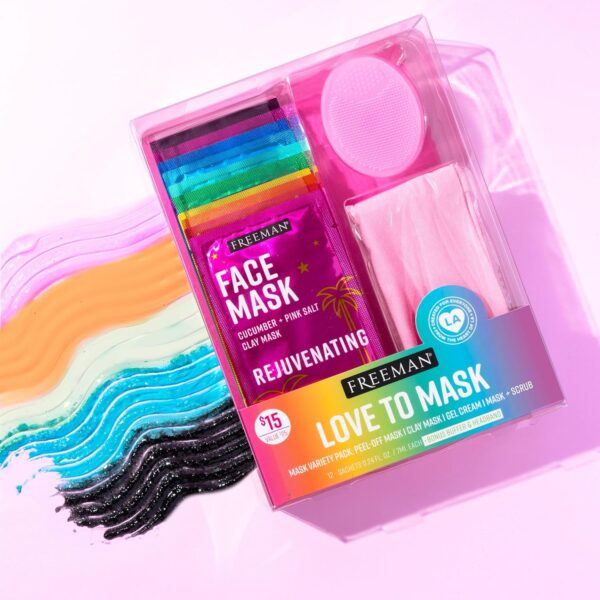 Freeman Facial Love To Mask Variety Pack: Oil Absorbing Clay, Detoxifying Charcoal, Clearing Peel Off, Hydrating Gel Cream, Exfoliating Scrub (14 Piece Kit with Bonus Buffer and Headband) - Image 6