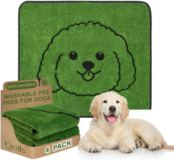 Qeils Reusable Puppy Pads, Washable Pee Pads for Dogs 4 Pack Durable Absorbent Leakproof Dog Training Pads for Home or Travel, Non-Slip Wee Wee Pads Potty Pads 30