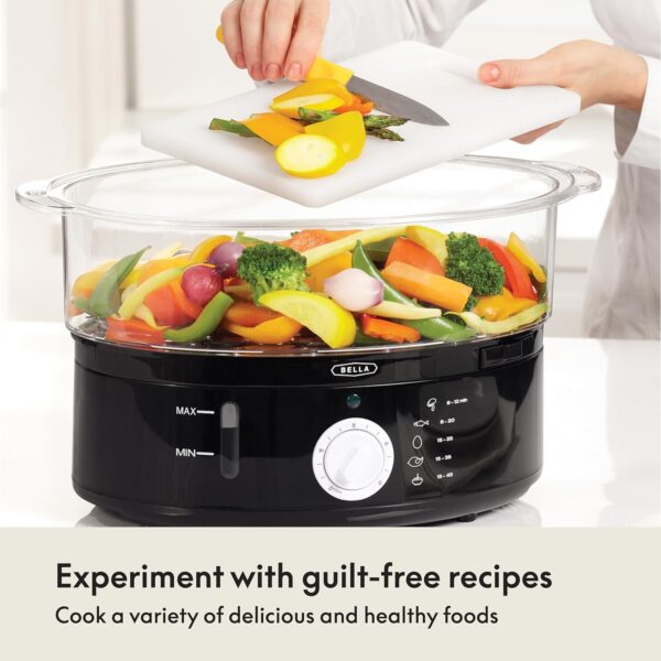BELLA Two Tier Food Steamer with Dishwasher Safe Lids and Stackable Baskets & Removable Base for Fast Simultaneous Cooking - Auto Shutoff & Boil Dry Protection, Stainless Steel, 7.4 QT, Black - Image 6