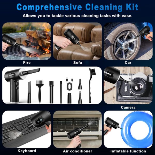 Compressed Air Duster-3 Gear Adjustable 100000RPM Electric Air Duster with LED Light, Rechargeable Cordless Air Blower for Keyboard Electric Devices Cleaning. Replaces Compressed Air Cans (Black) - Image 6