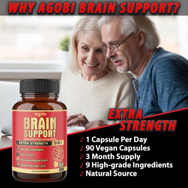 9in1 Brain Support Supplement - Concentrated Ashwagandha Root, Gotu Kola Powder, Bacopa Monnieri Powder and More - 90 Capsules - 3-Month Supply - Image 5