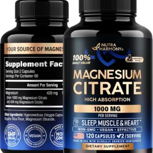Magnesium Citrate Capsules 1000mg | High Absorption Supplement - Sleep, Muscle & Heart Support - Vegan | Non-GMO - Made in USA - As Powder | Pills | Tablets - 120 Capsules, 2 Month Supply