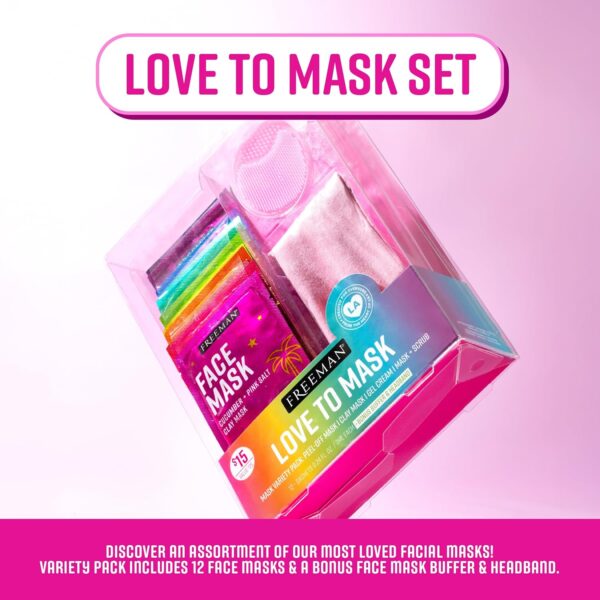 Freeman Facial Love To Mask Variety Pack: Oil Absorbing Clay, Detoxifying Charcoal, Clearing Peel Off, Hydrating Gel Cream, Exfoliating Scrub (14 Piece Kit with Bonus Buffer and Headband) - Image 2