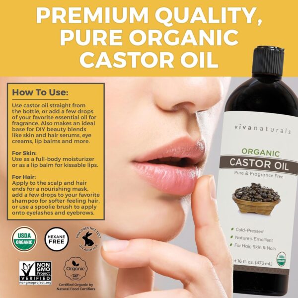 Viva Naturals Organic Castor Oil for Eyelashes and Eyebrows (16 fl oz) - USDA Certified Organic, Cold Pressed Castor Oil, Natural Hair Oil & Eyelash Serum, Beauty Kit Included - Image 6
