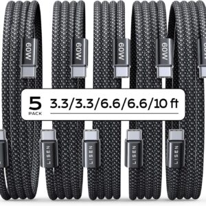 LISEN USB C Cable, 5-Pack [3.3/3.3/6.6/6.6/10FT] USBC to USBC Cable for iPhone 16 15 Pro Max Car Charger, 60W (3.1A) C to C Cable Fast Charging for Samsung S24/23, iPad, MacBook Air/Pro USBC Charger